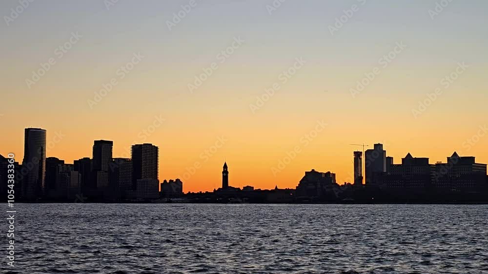 City skyline silhouette against a sunset over water, A serene view of a city skyline silhouetted against a warm sunset, with the calm waters in the foreground reflecting the fading light City skyline silhouette against a sunset over water, A serene view of a city skyline silhouetted against a warm sunset, with the calm waters in the foreground reflecting the fading light