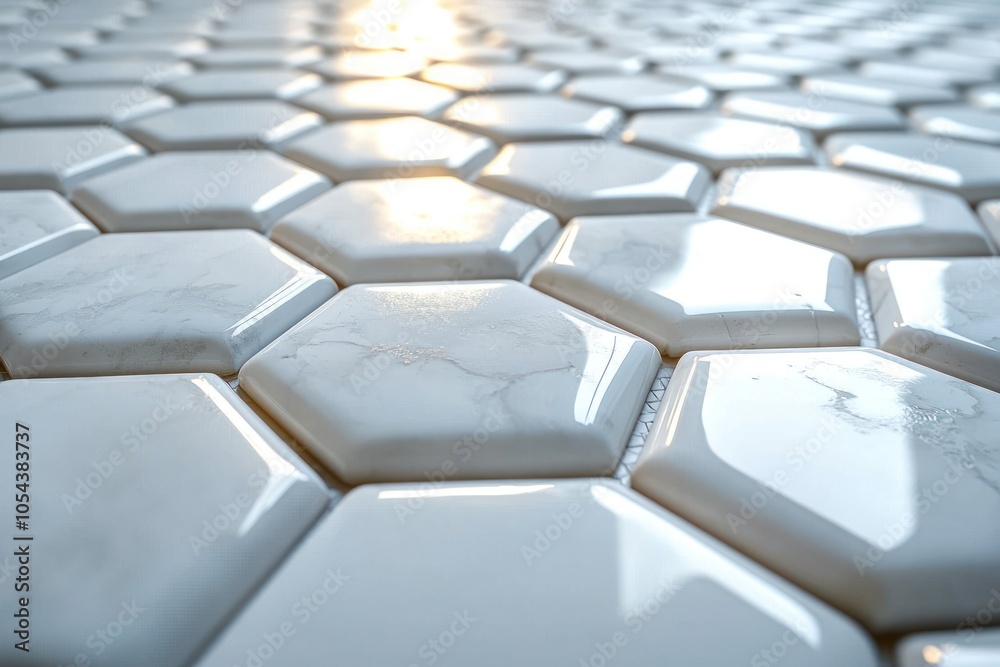 White Hexagonal Tiles with Light Reflecting off the Surface White Hexagonal Tiles with Light Reflecting off the Surface