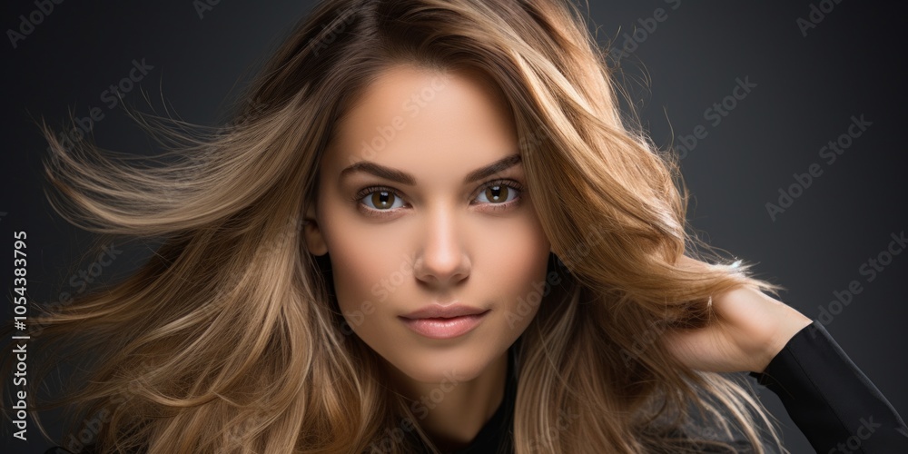 Beautiful laughing model girl with long curly hair. Studio shot. Beauty saloon. Selective focus. Generative AI. Beautiful laughing model girl with long curly hair. Studio shot. Beauty saloon. Selective focus. Generative AI.