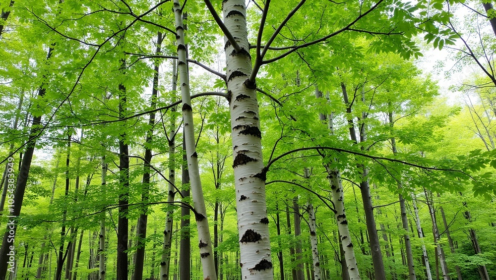Fototapeta premium Tall birch tree with peeling white bark and black stripes in a forest with green leaves