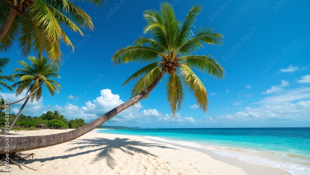 Obraz premium Tropical beach with coconut palm tree casting shadows on sand