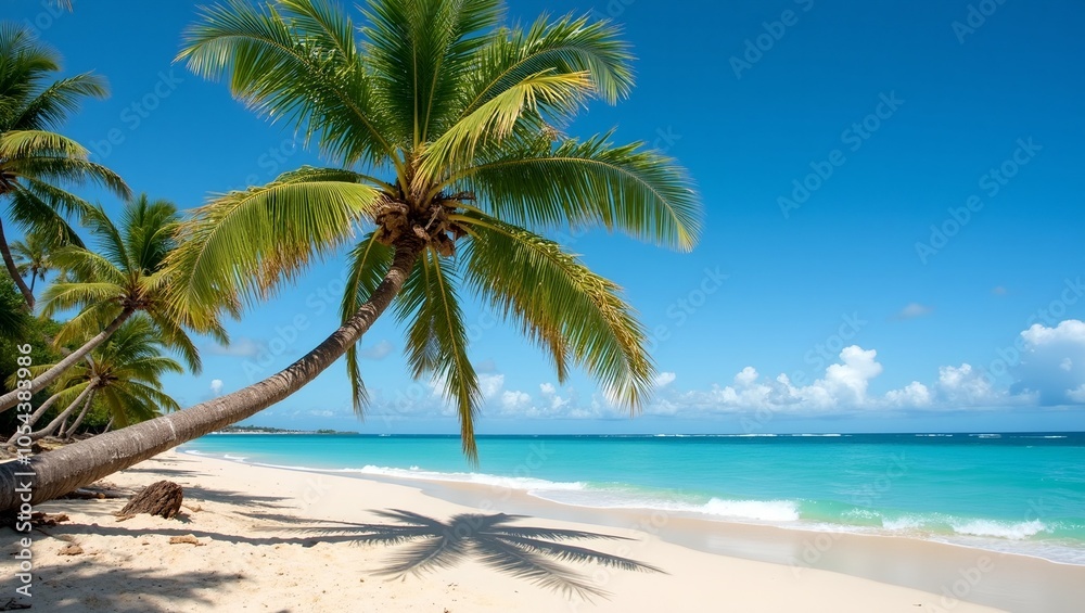 Tropical beach with coconut palm tree casting shadows on sand Tropical beach with coconut palm tree casting shadows on sand