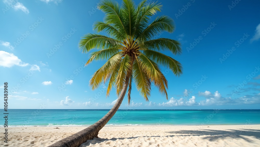 Obraz premium Tropical beach with coconut palm tree casting shadows on sand