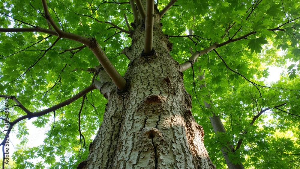 Sycamore tree with mottled bark dense green canopy and sunlight filtering through Sycamore tree with mottled bark dense green canopy and sunlight filtering through