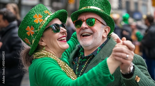 A couple in their 60s  wearing green and shamrock hats dance together with smiles on their faces during a St. Patrick's Day celebration.