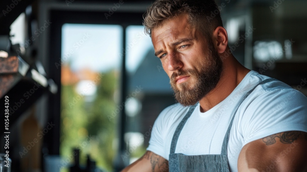 A skilled chef with a strong physique concentrates on preparing ingredients in a well-lit kitchen, showcasing his culinary expertise during the late morning hours A skilled chef with a strong physique concentrates on preparing ingredients in a well-lit kitchen, showcasing his culinary expertise during the late morning hours