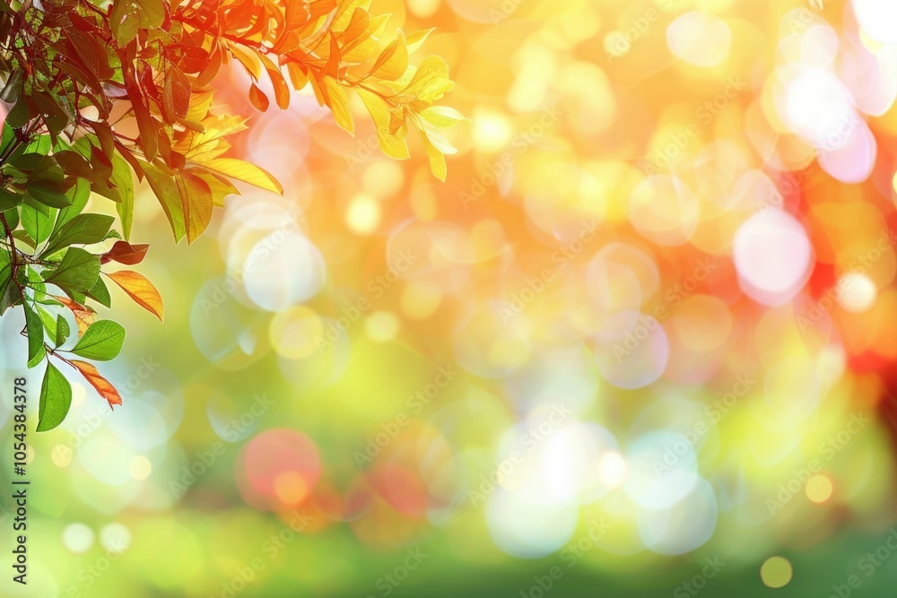 Fototapeta premium Green leaves and bokeh background creating a tranquil nature scene.