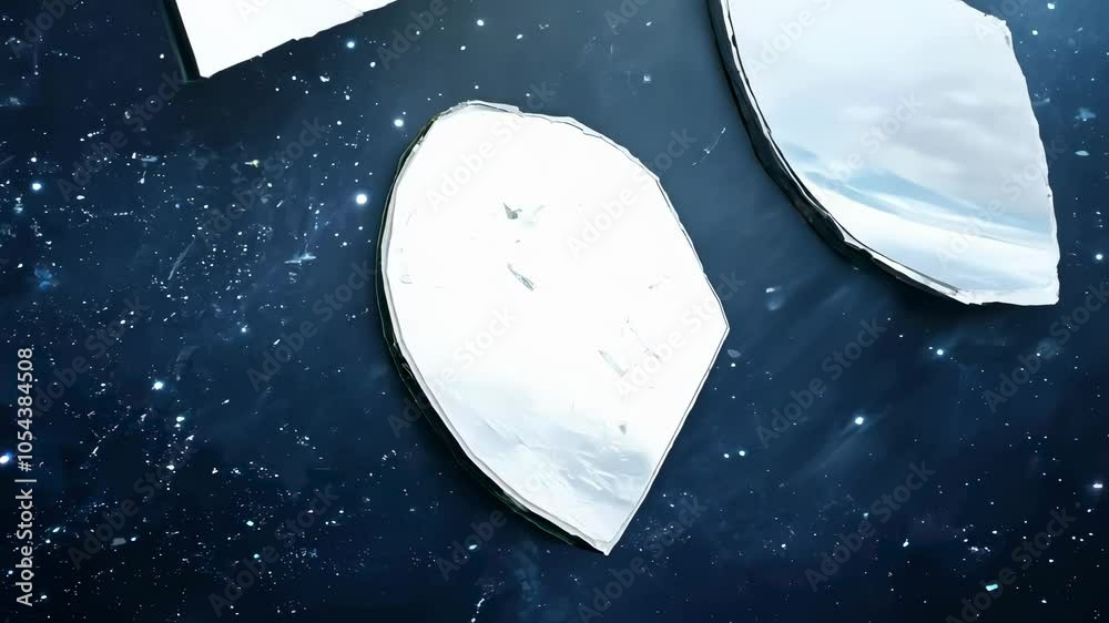 Pieces of a shattered mirror floating in space, gradually coming back together in an abstract and incomplete form. Abstract design, pattern, texture.