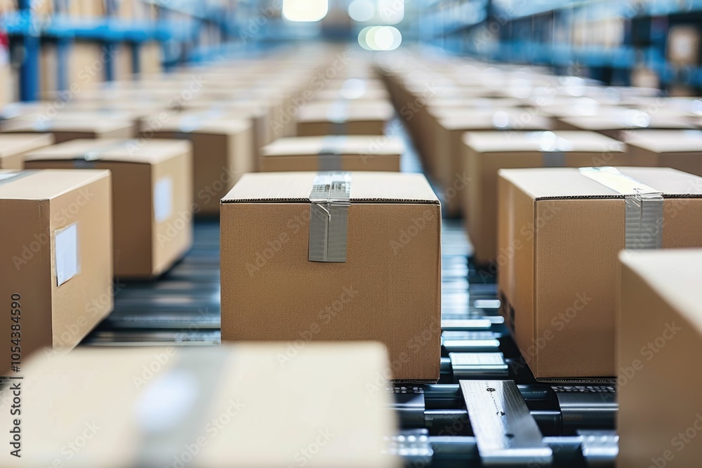 Fototapeta premium Boxes on a conveyor belt in a warehouse.