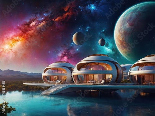 An Exquisite Space Resort Featuring Floating Villas That Offer Breathtaking Views of the Galaxy, Combining Modern Luxury with Extraterrestrial Serenity for an Unforgettable Experience photo