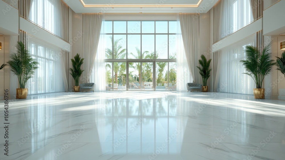 An opulent hotel lobby with towering windows, high ceilings, marble floors, and lush greenery views, radiating elegance and decadence. An opulent hotel lobby with towering windows, high ceilings, marble floors, and lush greenery views, radiating elegance and decadence.