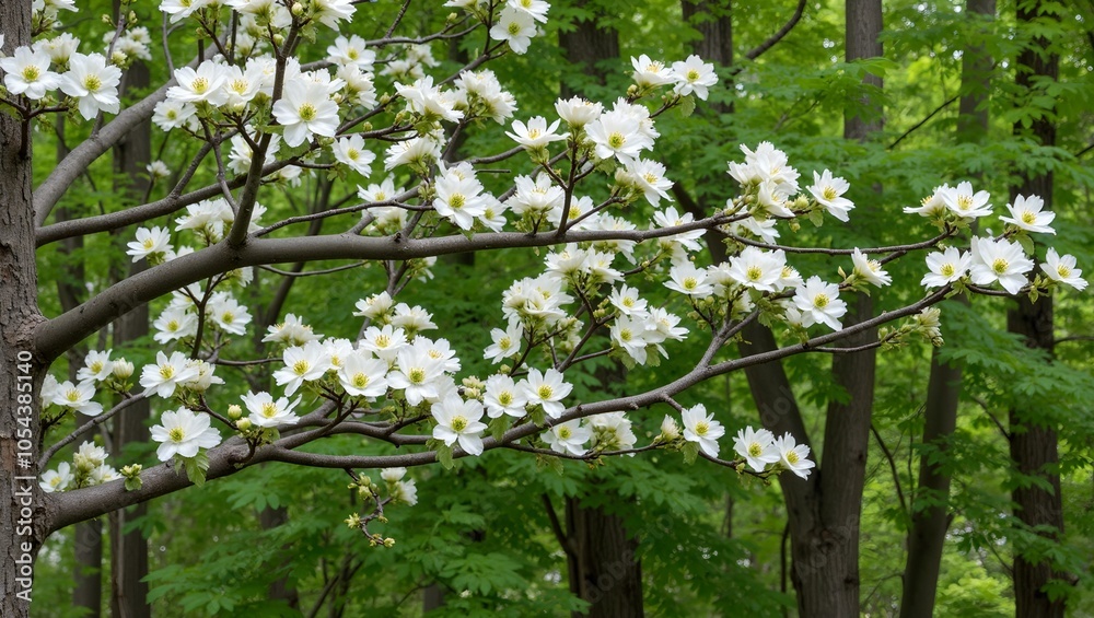 Obraz premium Flowering dogwood tree with white blossoms in green forest setting