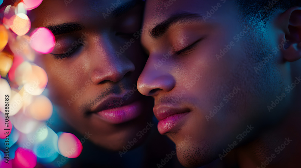 Close-Up of Intimate Moment Between Two Men with Colorful Bokeh Close-Up of Intimate Moment Between Two Men with Colorful Bokeh