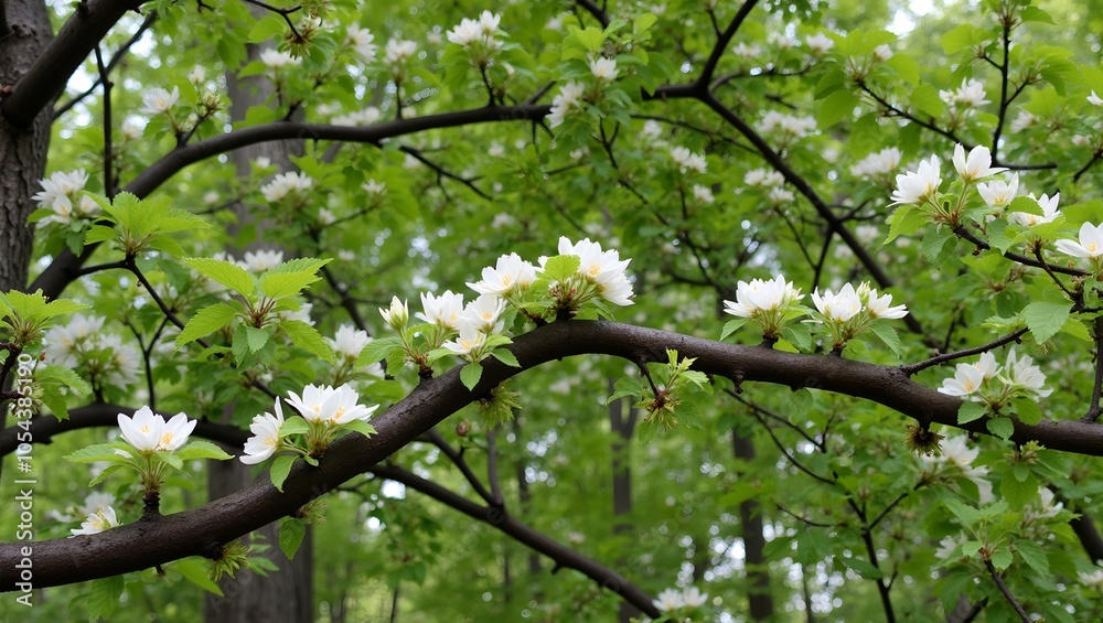Fototapeta premium Dark cherry tree with white flowers blooming on slender branches