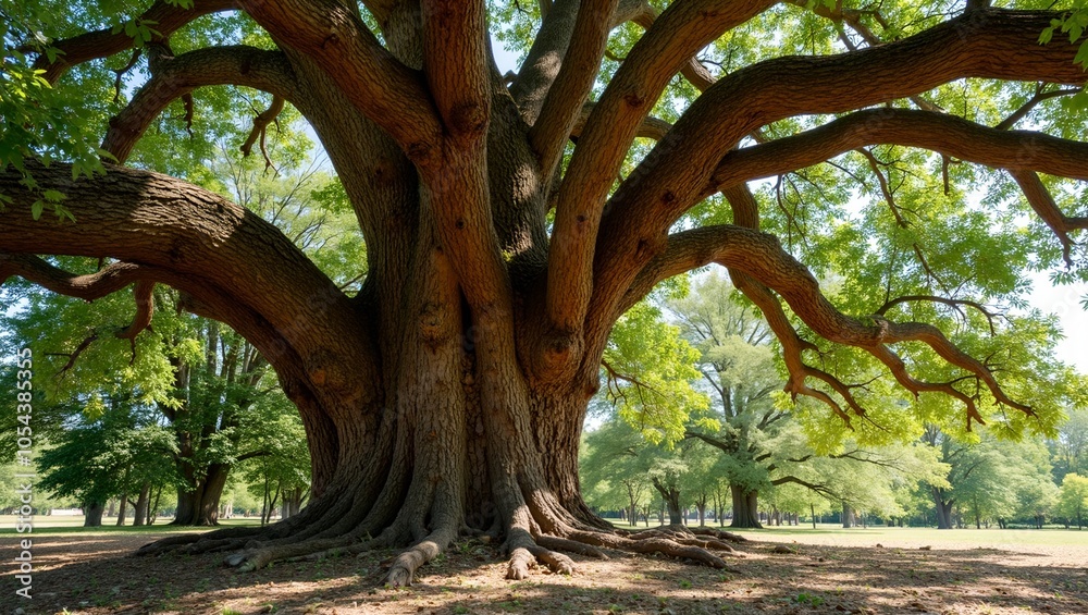 Majestic cork oak tree with partially harvested bark revealing smooth golden surface Majestic cork oak tree with partially harvested bark revealing smooth golden surface