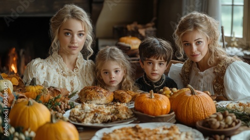 Family members gather around a beautifully arranged table stacked with homemade dishes and vibrant pumpkins, creating a warm autumn atmosphere full of laughter and togetherness