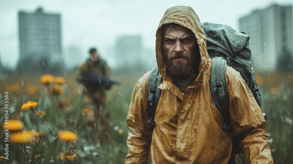 A man in a raincoat stands in a field, determined and ready for challenge, conveying resilience and perseverance amidst adversity and natural elements. A man in a raincoat stands in a field, determined and ready for challenge, conveying resilience and perseverance amidst adversity and natural elements.