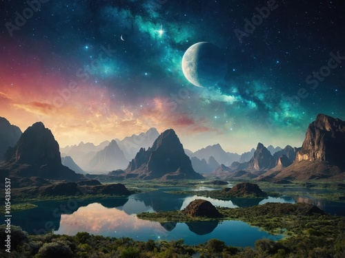 A Tranquil Scene Showcasing a Cosmic Retreat Nestled on a Distant Planet, Surrounded by Vibrant Stars and Ethereal Landscapes for a Perfect Escape into the Universe photo