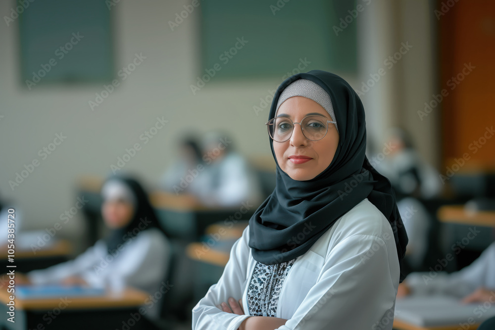 Female college muslim professor in an auditory with students