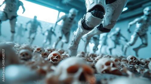 A futuristic robotic army marches over a ground filled with bones and skulls inside a dimly-lit building, creating an atmosphere of impending doom and chaos. photo