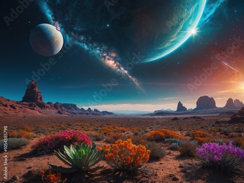 A Tranquil Scene Showcasing a Cosmic Retreat Nestled on a Distant Planet, Surrounded by Vibrant Stars and Ethereal Landscapes for a Perfect Escape into the Universe photo