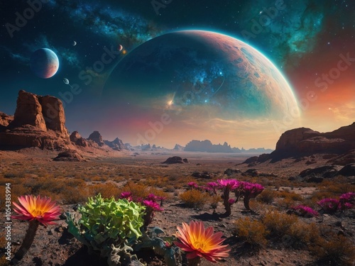 A Tranquil Scene Showcasing a Cosmic Retreat Nestled on a Distant Planet, Surrounded by Vibrant Stars and Ethereal Landscapes for a Perfect Escape into the Universe photo