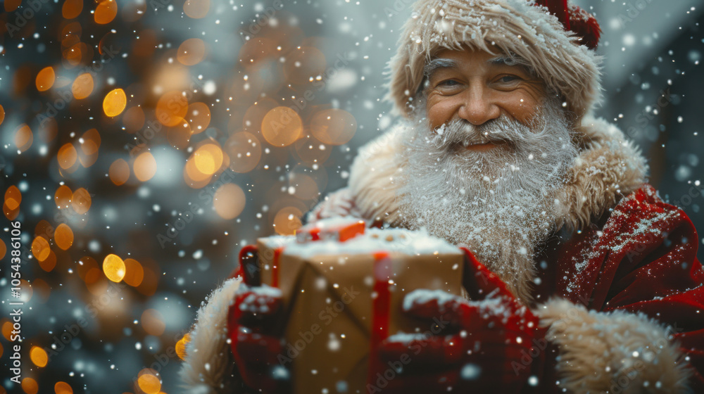 Santa Claus brings gifts and puts them under the Christmas tree.