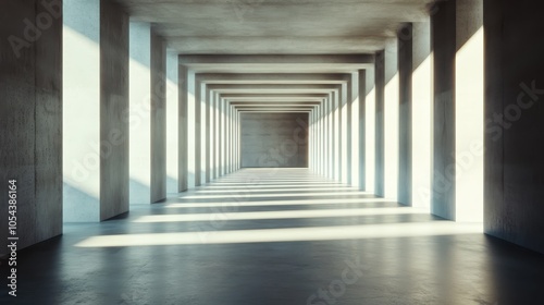 A perspective view of an elongated corridor where light streams through windows, interacting with the columns to form distinct patterns of shadow and light on the floor.