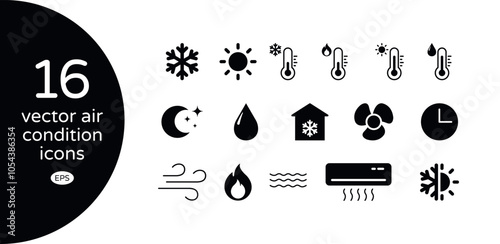Vector Air Condition Flat Solid Icons Set on White Background. Cooling, Heat and Cold Temperature, Night Mode, Fan, Climate Control Design Symbols. 