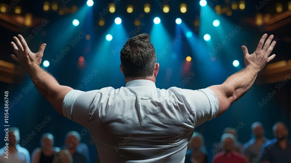 A man in a white shirt stands on stage with his arms outstretched, addressing an audience. He is lit by bright stage lights, creating a dramatic atmosphere. A man in a white shirt stands on stage with his arms outstretched, addressing an audience. He is lit by bright stage lights, creating a dramatic atmosphere.