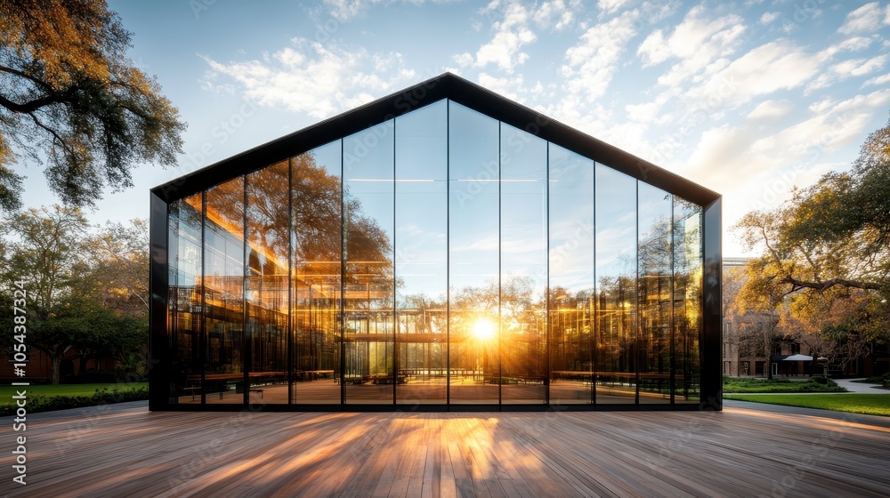 A striking modern glass building reflects the setting sun, showcasing its geometric design amidst natural surroundings with vibrant colors and clear skies. A striking modern glass building reflects the setting sun, showcasing its geometric design amidst natural surroundings with vibrant colors and clear skies.