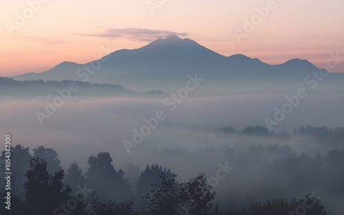Misty mountain landscape with pink and blue hues  perfect for nature and tranquility themes   
