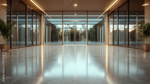 An elegant open lobby space, designed to maximize natural light, featuring luxurious reflective flooring and potted plants along a clear glass wall for style.