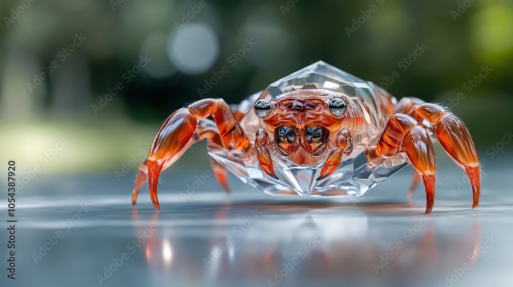 An intricately detailed image of an orange crab featuring a transparent body structure, highlighting the detailed surface textures and lighting complexities. An intricately detailed image of an orange crab featuring a transparent body structure, highlighting the detailed surface textures and lighting complexities.