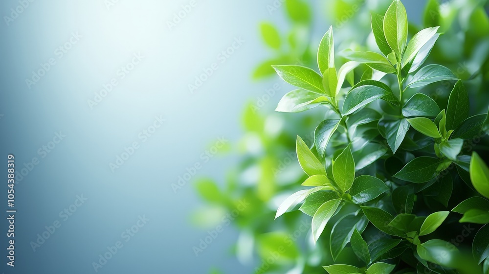 Lush green leaves against a soft blue background, symbolizing nature and tranquility. Lush green leaves against a soft blue background, symbolizing nature and tranquility.