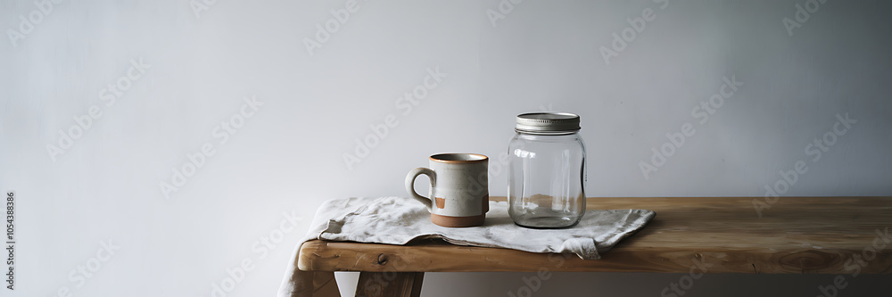 Simple rustic kitchen still life with white and brown ceramic mug and glass jar on wooden table Simple rustic kitchen still life with white and brown ceramic mug and glass jar on wooden table