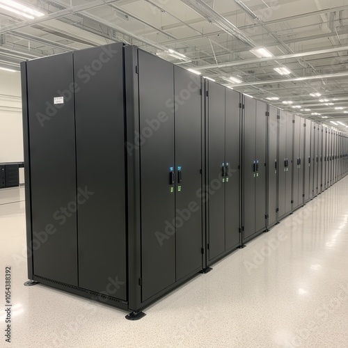 A row of black server cabinets in a data center environment.