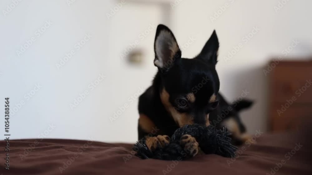 Small dog runs across bed. Motion capture of a chihuahua puppy Small dog runs across bed. Motion capture of a chihuahua puppy
