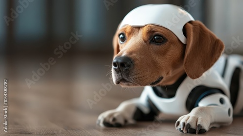 A cute puppy wearing futuristic robotic armor rests on a wooden floor, merging the charm of a pet with advanced technology, evoking innocence and innovation. photo