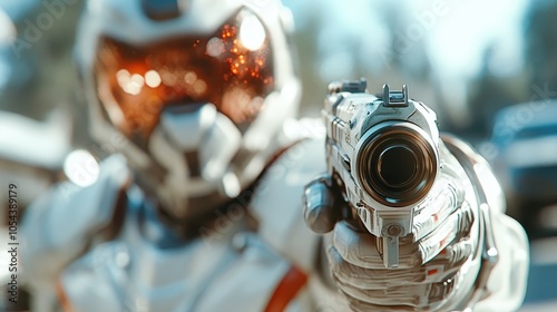 A futuristic warrior in intricate armor aims a pistol with fiery determination, embodying themes of bravery, focus, and technological supremacy in a dynamic world. photo