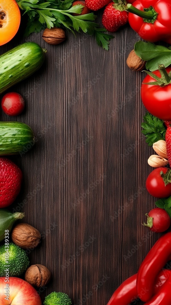 Fresh produce arranged around a rustic wooden surface, creating a vibrant and inviting border. Fresh produce arranged around a rustic wooden surface, creating a vibrant and inviting border.