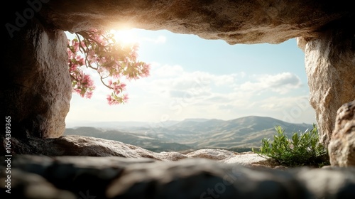 A scenic landscape of rolling hills and distant mountains is beautifully framed by a rocky arch, with delicate flowers adding a touch of color and serenity. photo