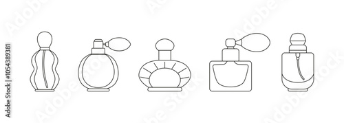 Outline fragrance bottles clipart. Pump perfume bottle. Vintage. Line art. Vector isolated on white.