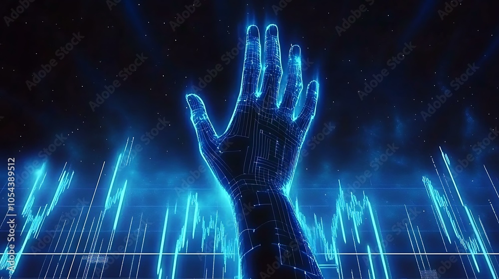Engineer’s hand interacting with a virtual growth chart on a blueprint background Engineer’s hand interacting with a virtual growth chart on a blueprint background