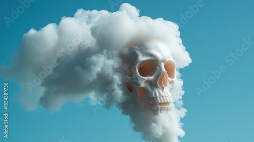 A dreamy image of a skull composed of soft clouds floating in a vast sky, illustrating themes of mortality, the dream world, and the transient nature of life. photo