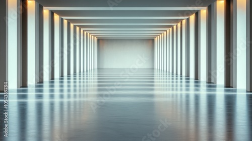 A minimalist corridor with ambient warm lighting and perfect symmetry, creating a calming and inviting atmosphere with soft reflections on the glossy floor.