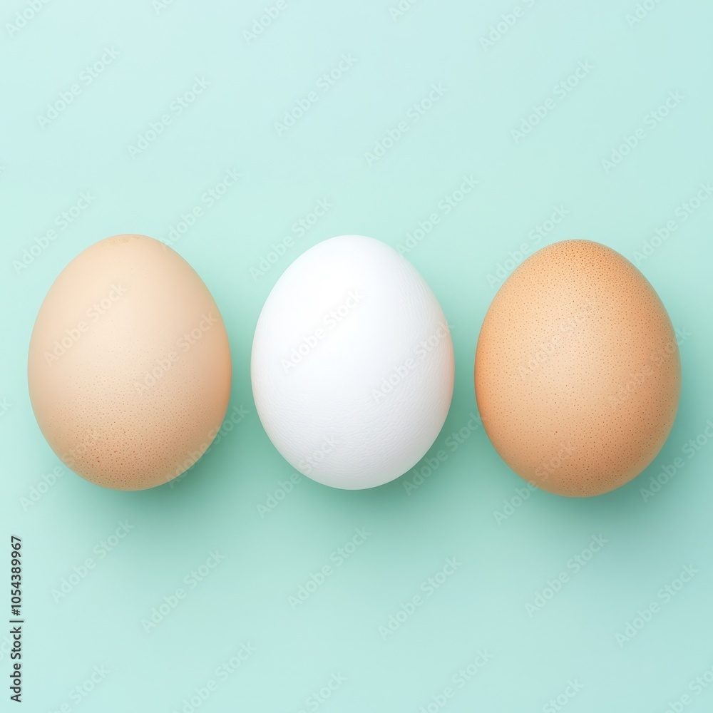 Three eggs of different colors arranged on a mint green background. Three eggs of different colors arranged on a mint green background.