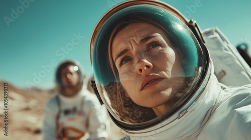 A female astronaut gazes thoughtfully at a new, unfamiliar terrain under a clear blue sky, symbolizing curiosity, exploration, and the quest for knowledge. photo