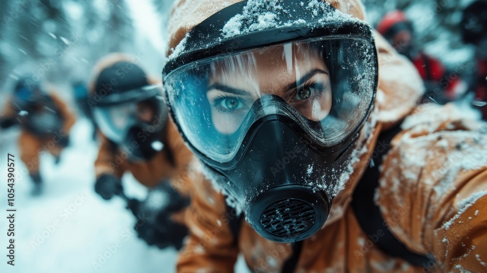 A woman in a yellow protective suit and goggles navigates a snowy forest with focused perseverance, joined by others amid swirling snowflakes in an urgent scene. A woman in a yellow protective suit and goggles navigates a snowy forest with focused perseverance, joined by others amid swirling snowflakes in an urgent scene.