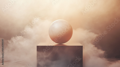 A mystical sphere hovers over a cube amidst ethereal mist in soft ambient light during twilight hours photo